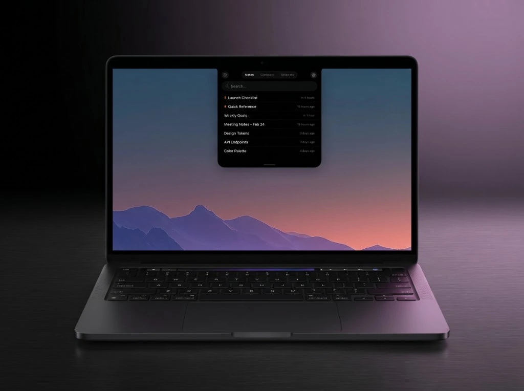 NotchPad running on a MacBook notch with notes, clipboard history, and snippets visible
