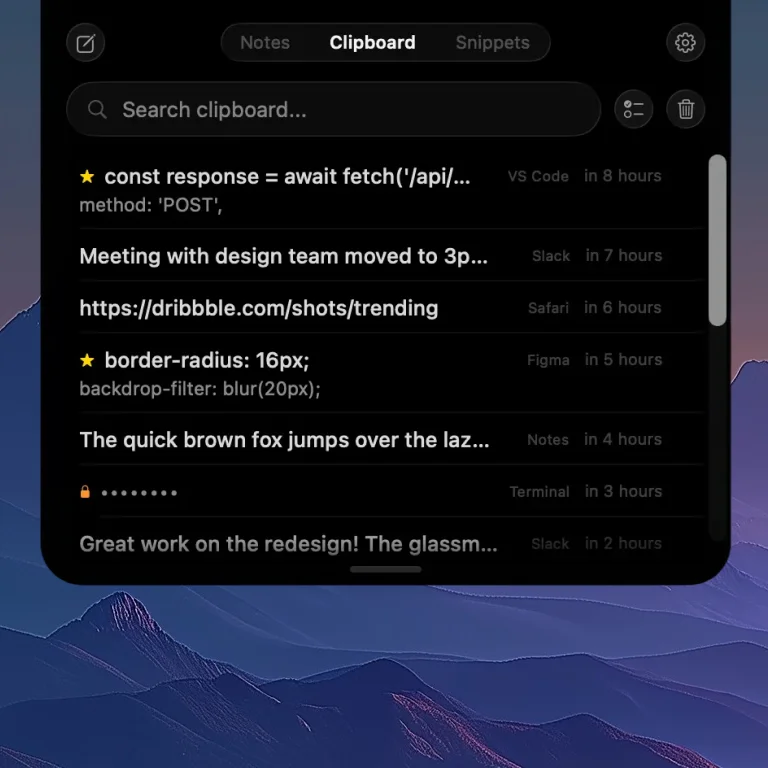 NotchPad clipboard history showing items from VS Code, Slack, Safari, Figma, and an encrypted Terminal entry