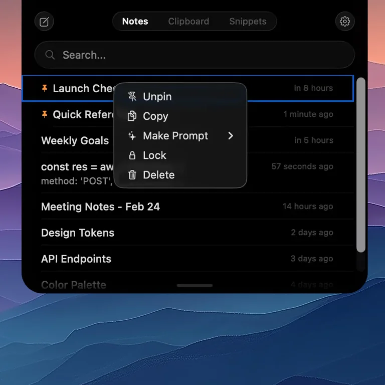 NotchPad context menu showing the Lock option for encrypting a note with Touch ID