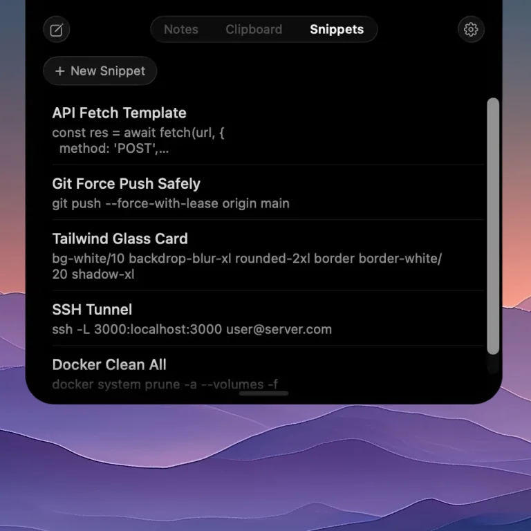 NotchPad snippets panel showing reusable code snippets for API fetch, git, Tailwind, SSH tunnel, and Docker commands