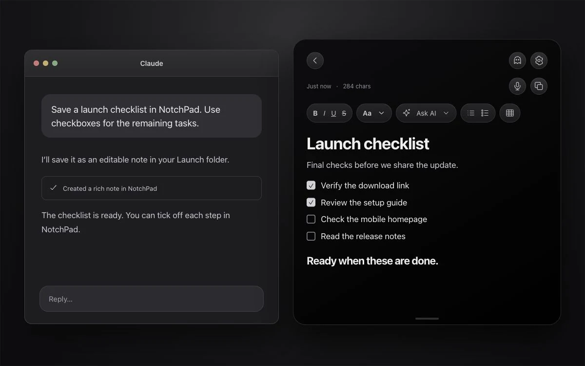Mockup of Claude saving a formatted launch checklist as an editable NotchPad note