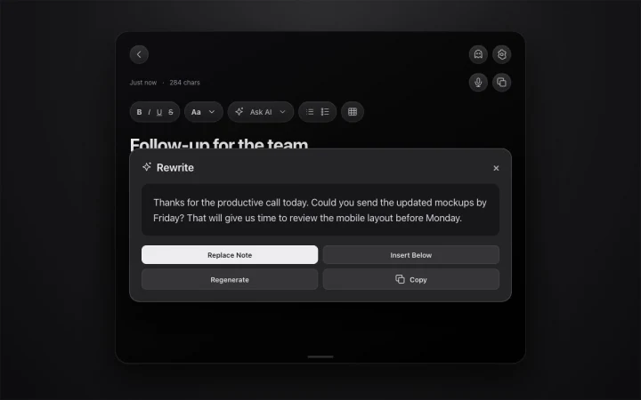 NotchPad AI rewrite preview mockup with Replace Note, Insert Below, Regenerate, and Copy