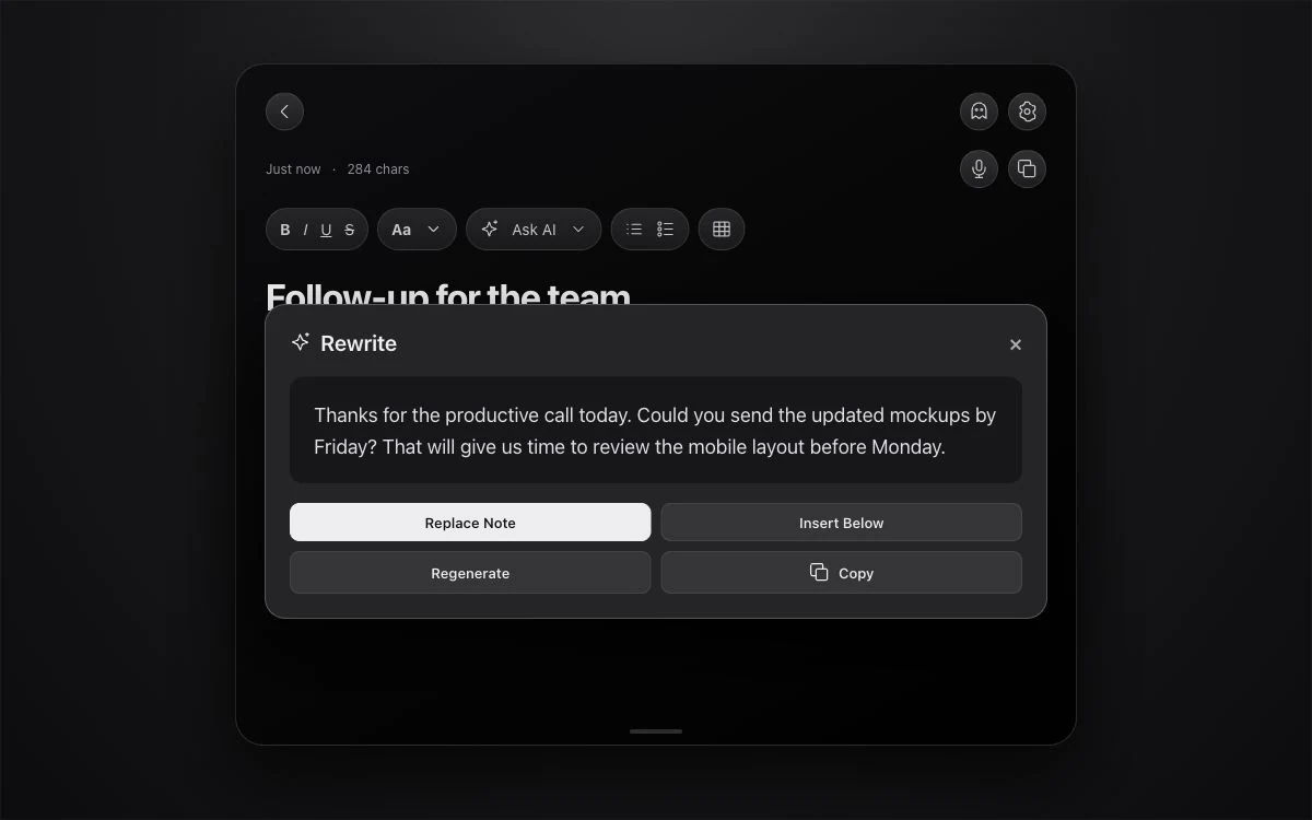 NotchPad AI rewrite preview mockup with Replace Note, Insert Below, Regenerate, and Copy