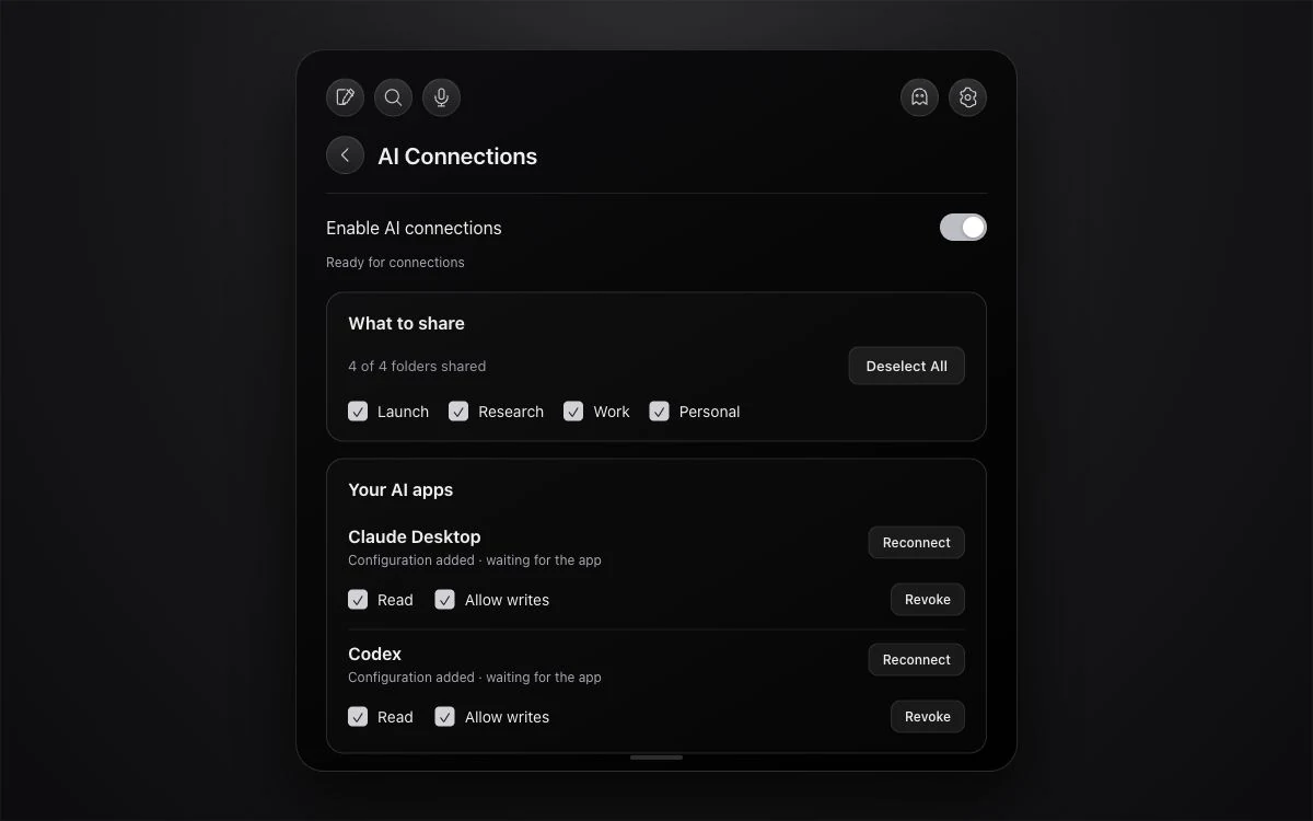 NotchPad AI Connections mockup with shared folders and separate read and write controls