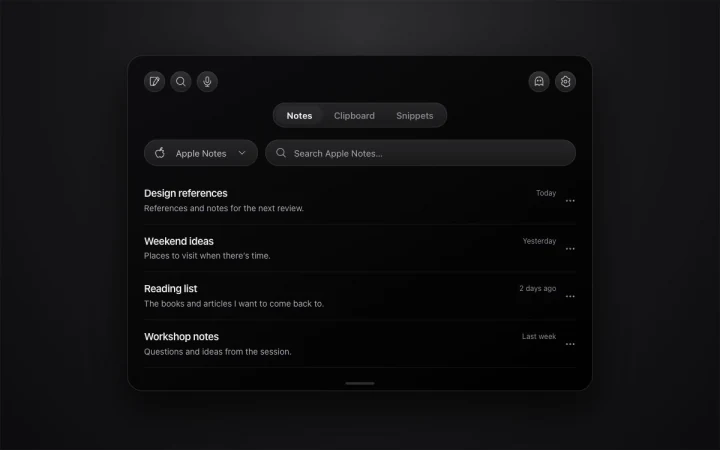 NotchPad mockup browsing existing Apple Notes from its notes panel