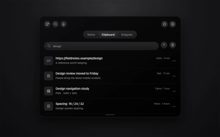 NotchPad clipboard search mockup with a saved link, text, and image