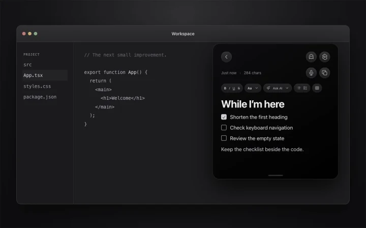 NotchPad floating panel mockup with a checklist beside a code editor