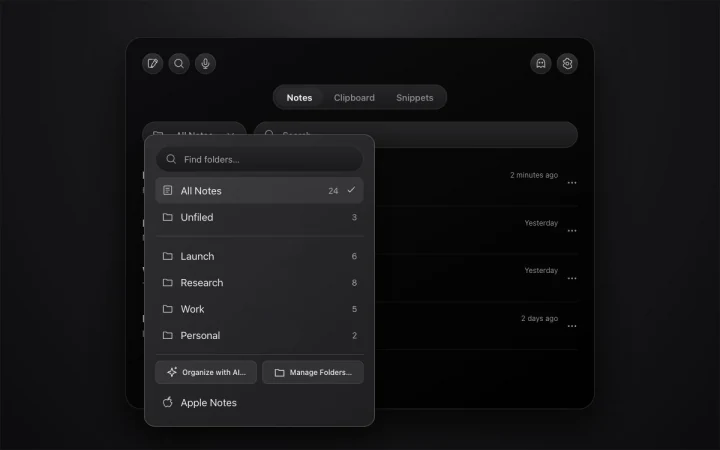 NotchPad folder picker mockup with search, note counts, and folder controls
