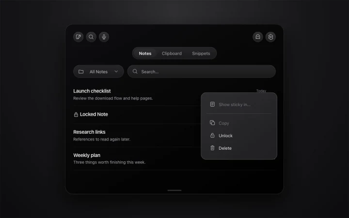 NotchPad mockup with a locked note hiding its title and contents, and an Unlock action