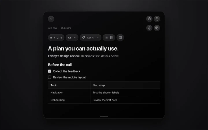 NotchPad mockup with a formatted note, editable table, and task checklist