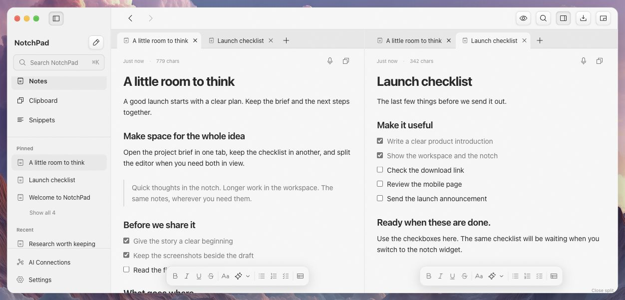 NotchPad workspace with a project brief and launch checklist open in separate editor panes