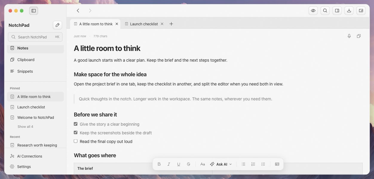NotchPad desktop workspace preview showing pinned and recent notes, open tabs and a formatted project brief
